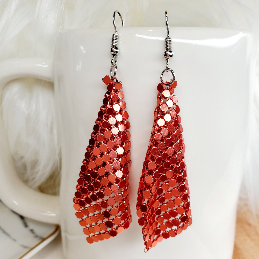 Red Metallic Mesh Drop Earrings